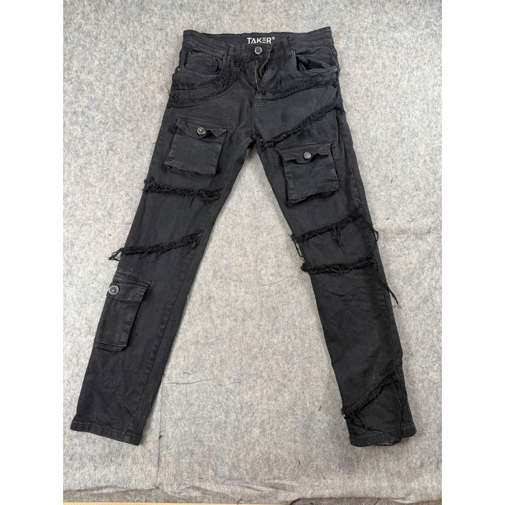 Taker Cargo Jeans Mens 32x32 Black Cotton Distressed Slim Streetwear Grunge Pant
